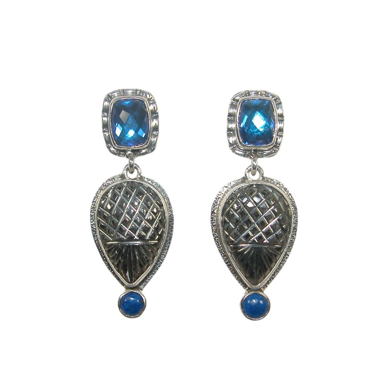 29273 Lapis, Celestial Quartz, Hand Carved Quartz Crystal Sterling Silver Earrings