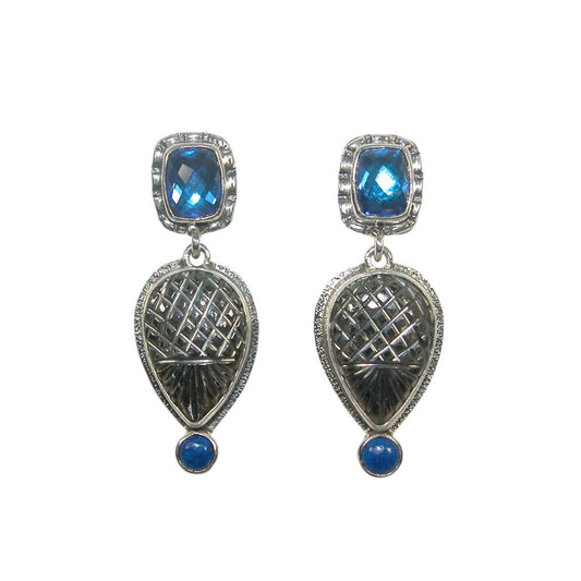 29273 Lapis, Celestial Quartz, Hand Carved Quartz Crystal Sterling Silver Earrings