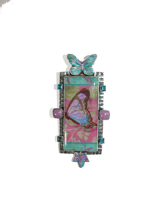 20048 Hand Enameled Purple and Blue Butterfly Sterling Silver Pin and Pendant
