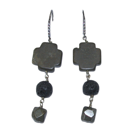 20083 Pyrite, Lava Stone, Pave Crystal Sterling Silver Earrings