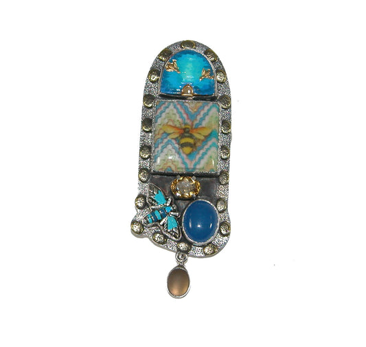Hand Made Bee Tile, Citrine, Gold Under Quartz, Blue Quartz Sterling Silver Pin and Pendant 20120