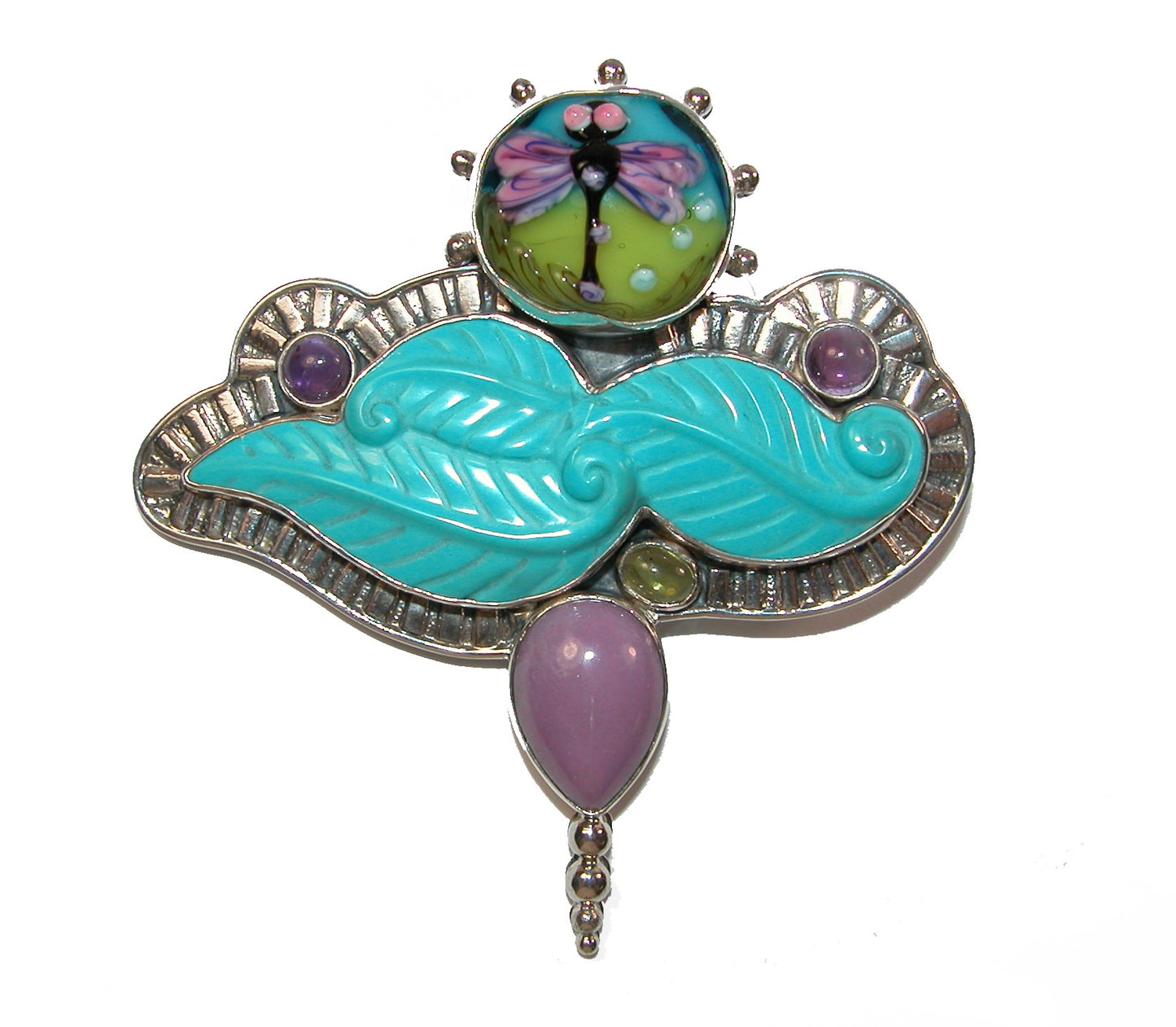 Carved Turquoise Glass Dragonfly Sterling Silver Pin Pendant