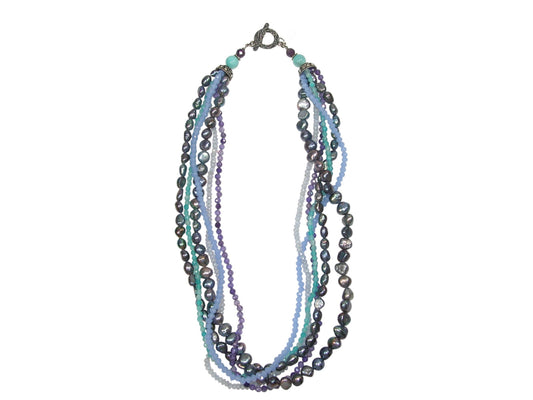 Freshwater Pearl with Teal and Purple Crystals 6 Strand Necklace