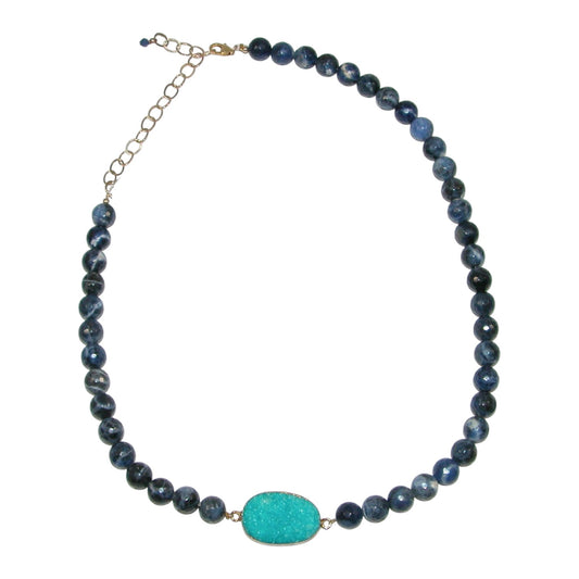 Sodalite, Brazilian Agate Drusy Beaded Sterling Silver Necklace