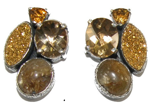 20196 Gold clad Drusy Agate Rutilated Quartz Sterling Silver Cluster Earring
