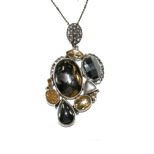 20201 Apache Gold, Hematite, Platinum Under Quartz, Gold Under Quartz, Gold Clad Drusy, Citrine, Crystal Sterling Silver Necklace