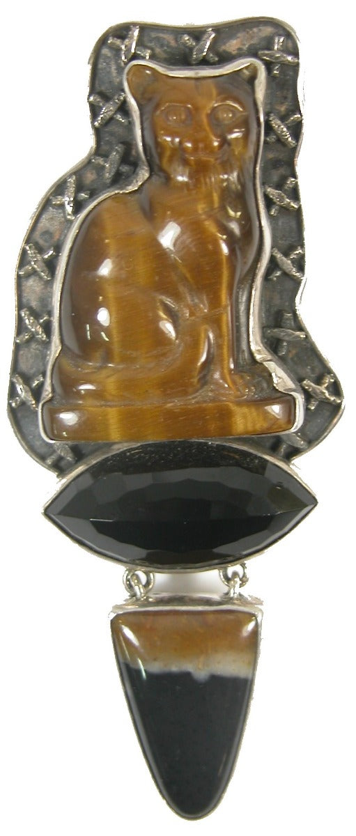 20209 Carved Tiger Eye Cat Black Onyx Jasper Sterling Silver