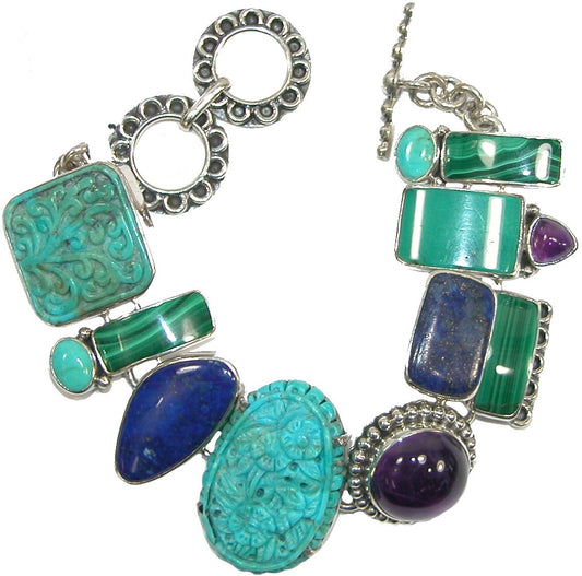 Turquoise Amethyst Lapis Sterling Silver Bracelet