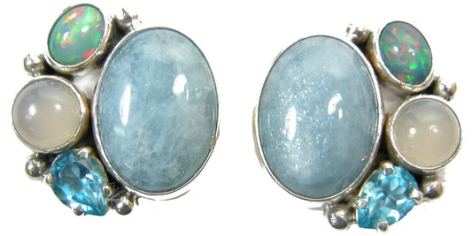 Aquamarine Blue Topaz Ethiopian Opal Chalcedony Cluster Earring Sterling Silver