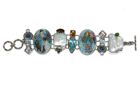 Hand Painted Snow Queen Mother of Pearl Sterling Silver Bracelet