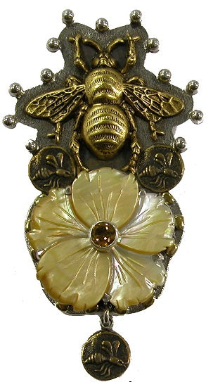 Brass Bumble Bee Mother of Pearl Flower Citrine Pin Pendent