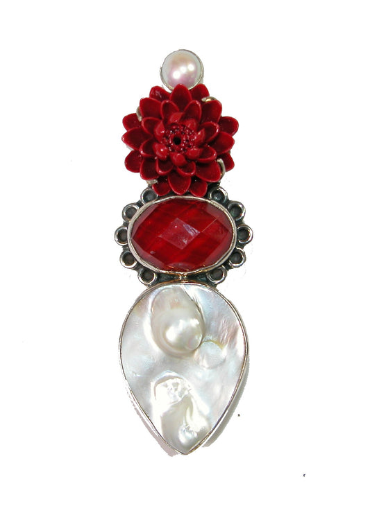 20273 Flower, Blister Pearl, Quartz, Sterling Silver Pin and Pendant