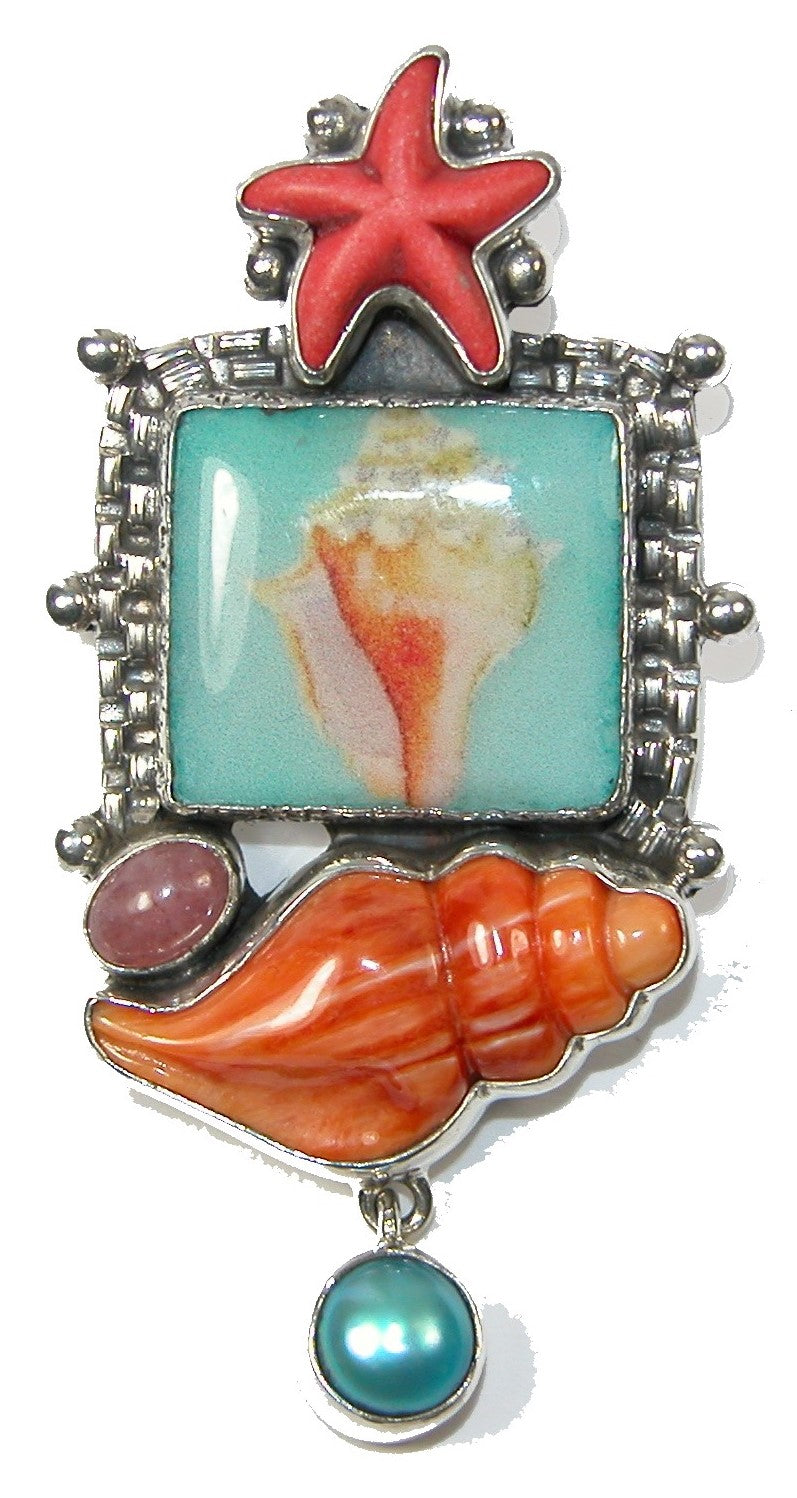 Handmade Tile Spiny Oyster Sterling Silver Pin Pendant