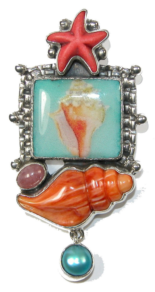 Handmade Tile Spiny Oyster Sterling Silver Pin Pendant