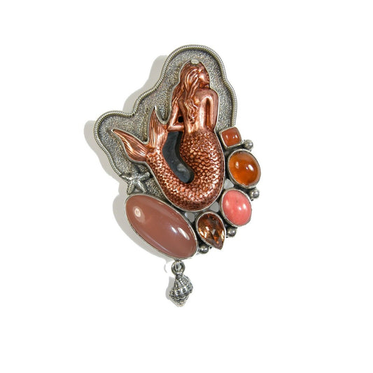 20295 Copper Color Mermaid w/ Peach Moonstone Sterling Pin Pendant