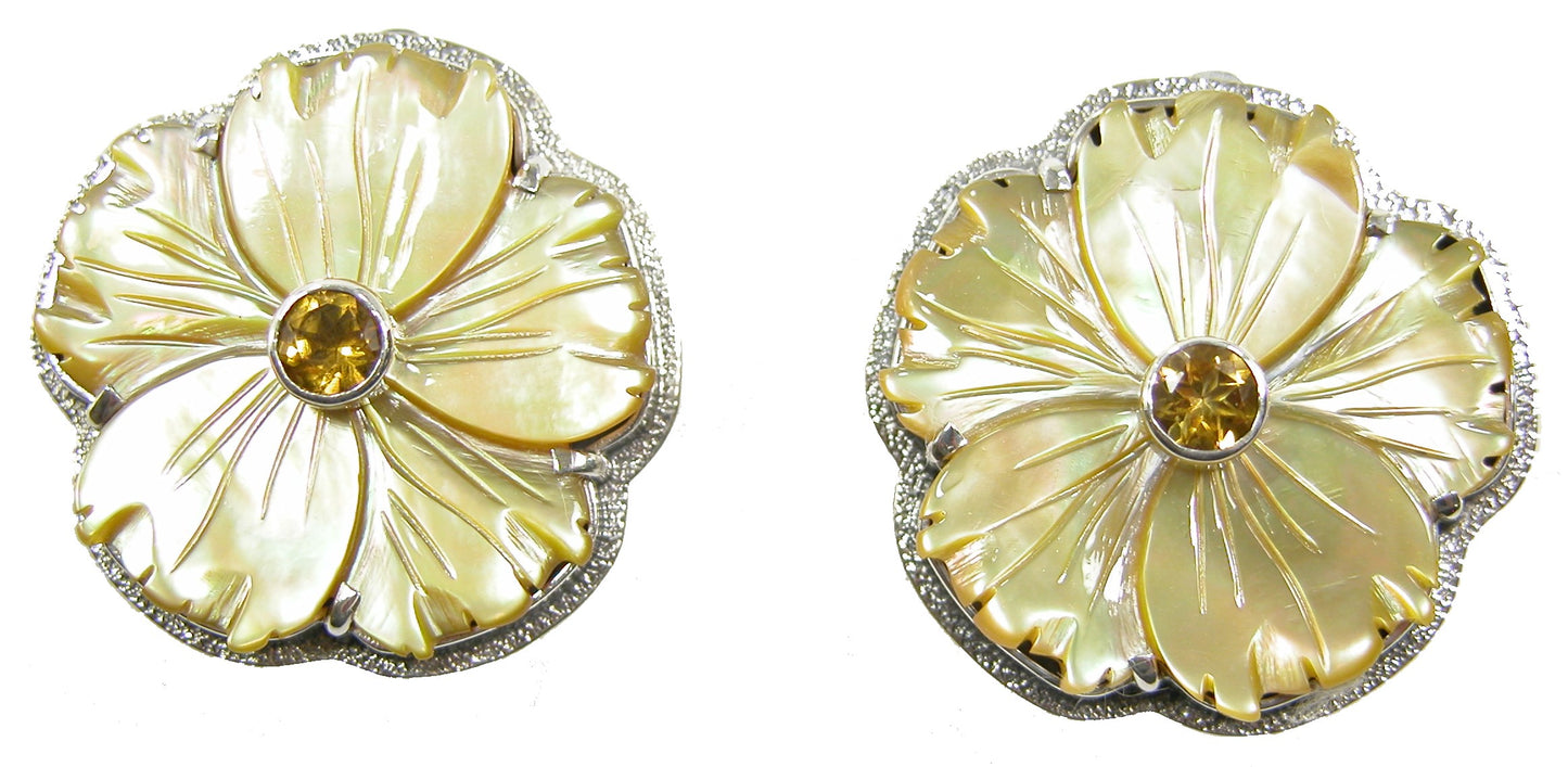 20315 Carved Mother of Pearl Citrine Flower Earrings