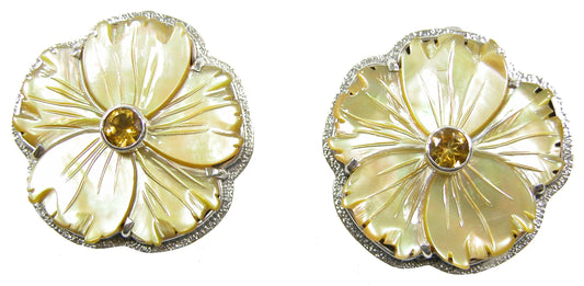 20315 Carved Mother of Pearl Citrine Flower Earrings