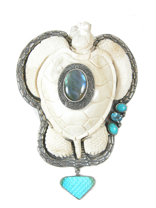 Hand Carved Naturally Shed Antler Sea Turtle Labradorite Sterling Silver