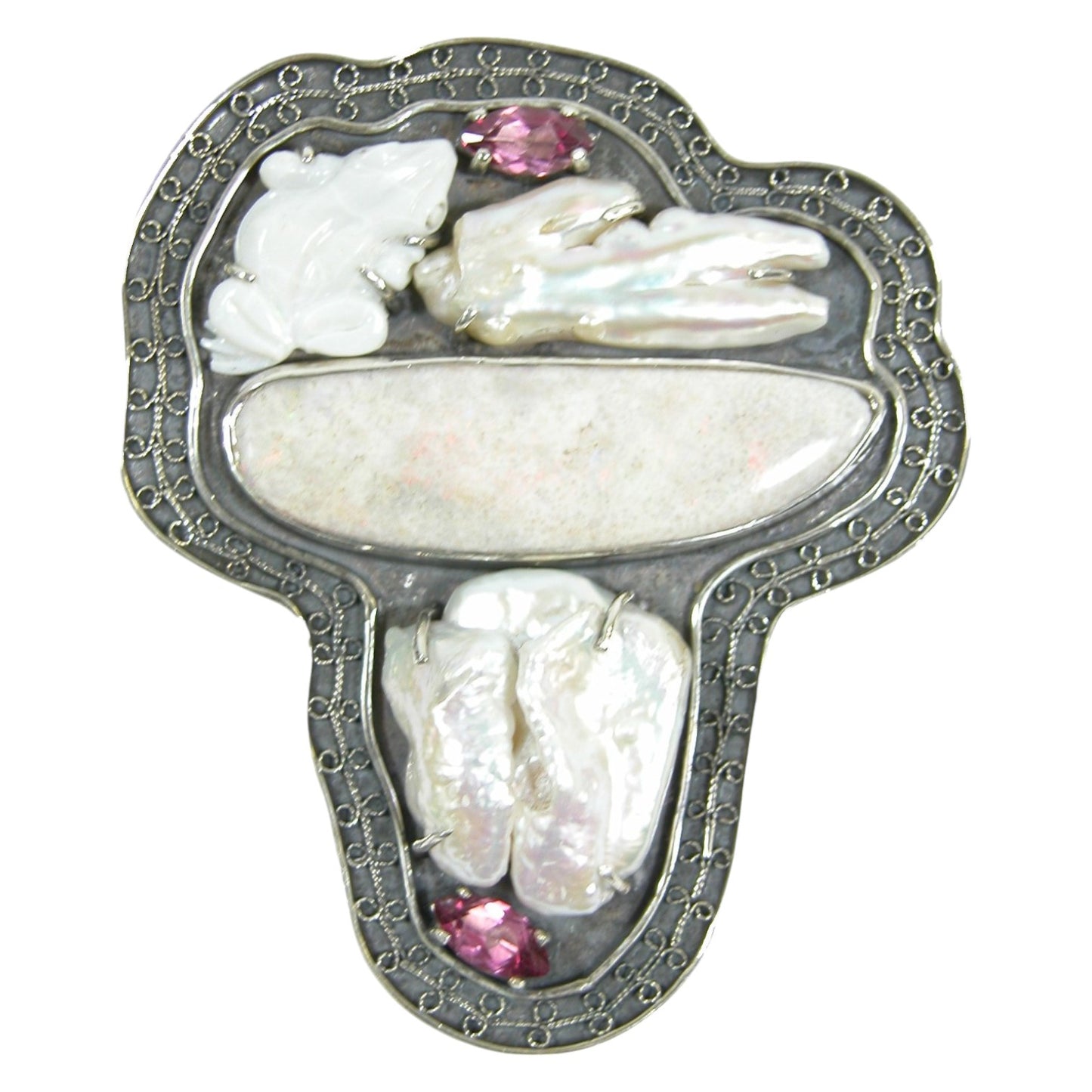 Freshwater Pearl, Opal, Quartz Carved Frog Sterling Silver Pin and Pendant