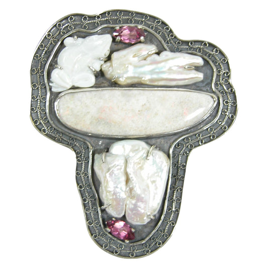 Freshwater Pearl, Opal, Quartz Carved Frog Sterling Silver Pin and Pendant