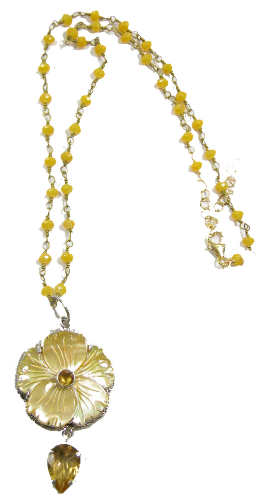 Yellow Mother of Pearl Flower Citrine Pendant Sterling Silver