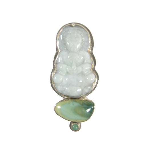20413 Carved Jade Buddha with Jade and Aventurine Sterling Silver Pin Pendant