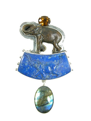 Lapis Labradorite Elephant Sterling Silver Pin Pendant