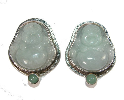 Carved Jade Buddha Green Aventurine Sterling Silver Earring