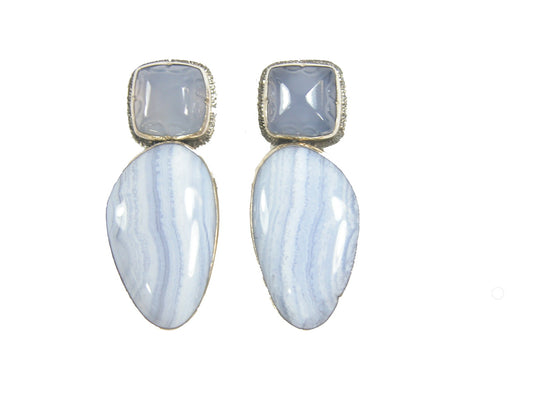 Blue Lace Agate and Chalcedony Sterling Silver Earring