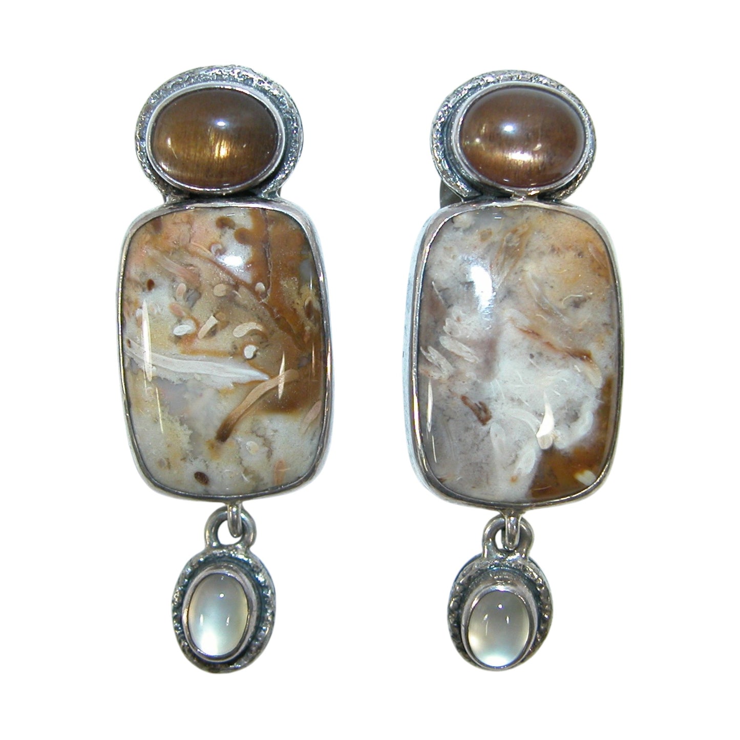 20454 Petrified Palm Wood, Moonstone Sterling Silver Earrings