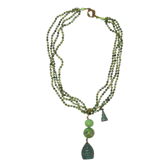 Beaded Jade Serpentine Buddha Sterling Silver Necklace