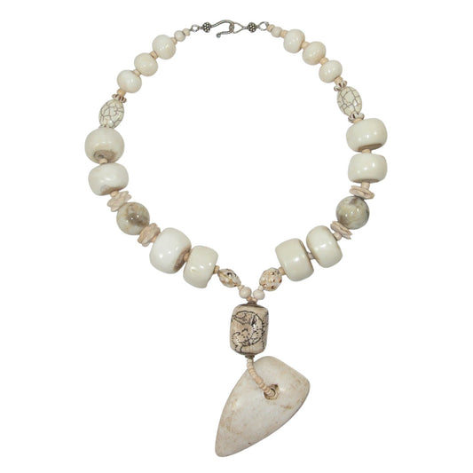 20489 Carved Bone Sterling Silver Beaded Necklace