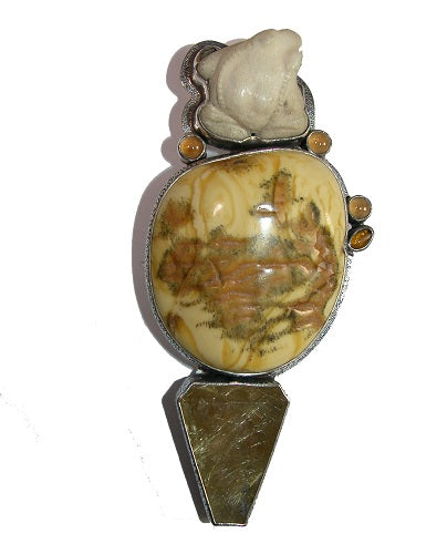 Hand Carved Frog Rutilated Quartz Sterling Silver Pin Pendant