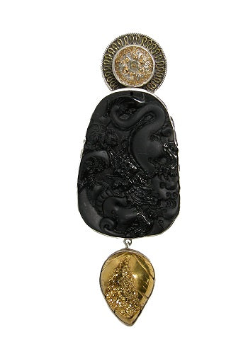 Carved Obsidian Gold Clad Sterling Silver Pin Pendant