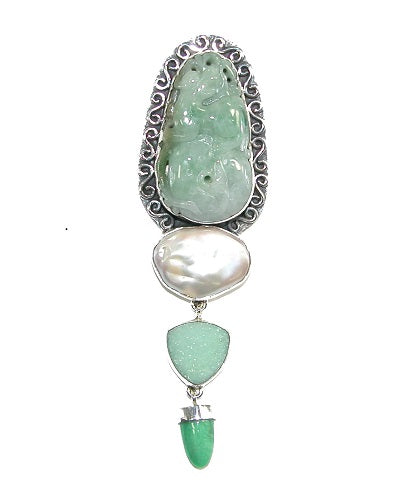 Carved Jade Freshwater Pearl Drusy Chrysoprase Sterling Silver Pin Pendant