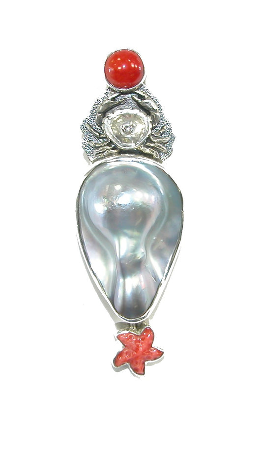 Mabe Pearl Spiny Oyster Crab Sterling Silver Pin Pendant