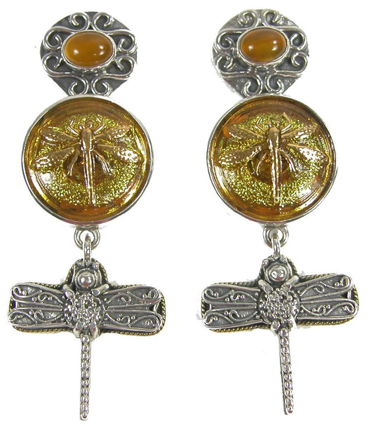 20534 Vintage Glass Dragonfly Hessonite Sterling Silver Earring