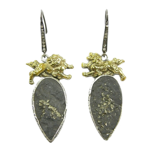 20536 Diamond, Slade Pyrite, Lion Sterling Silver Earrings