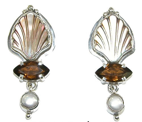 20548 Mother of Pearl Freshwater Pearl and Cognac Topaz Sterling Silver Earring