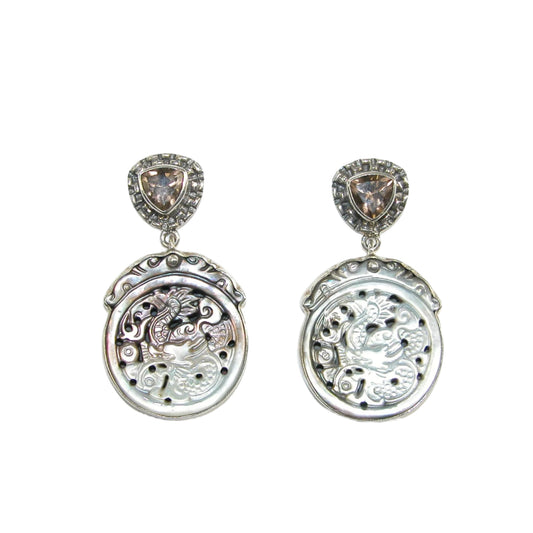 20590 Hand Carved Mother of Pearl with Smoky Topaz Dangle Sterling Silver Earring
