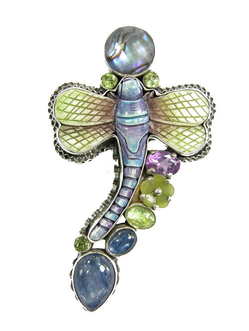 Dragonfly Abalone Kyanite Quartz Sterling Silver Pin Pendant