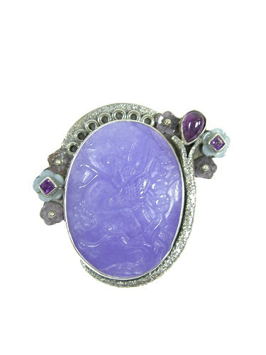 20626 Carved Purple Quartz Birds Amethyst Blue Lace Agate Sterling Silver Pin and Pendant