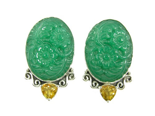 Carved Green Quartz Citrine Sterling Silver Earrings