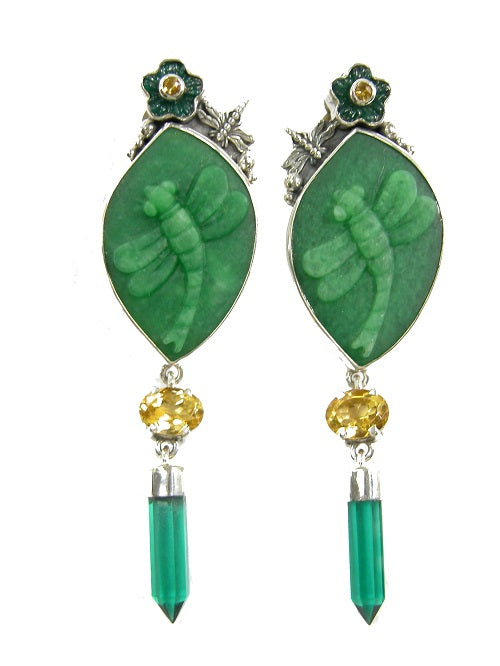 Green Quartz Dragonfly Citrine Sterling Silver Earrings