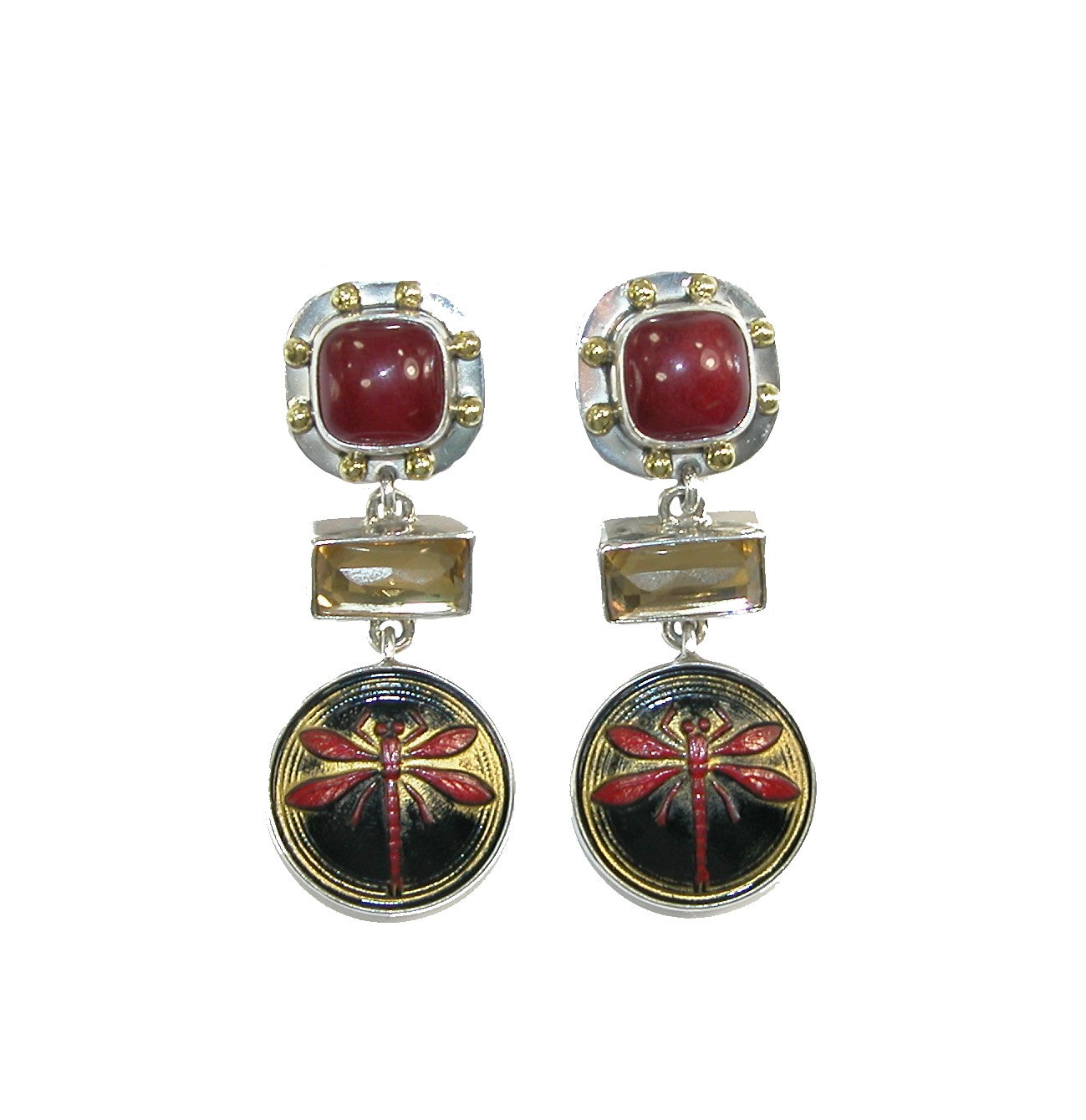 Carnelian Vintage Glass Dragonfly Sterling Silver Earrings