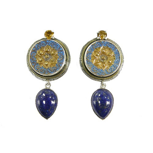 Czech Button, Citrine, Lapis Sterling Silver Earrings