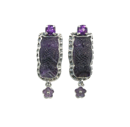 20638 Carved Amethyst Owl Sterling Silver Earrings