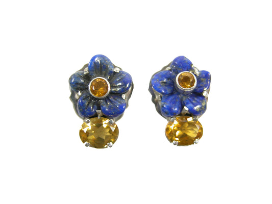 20641 Carved Blue Lapis, Citrine Sterling Silver Earrings