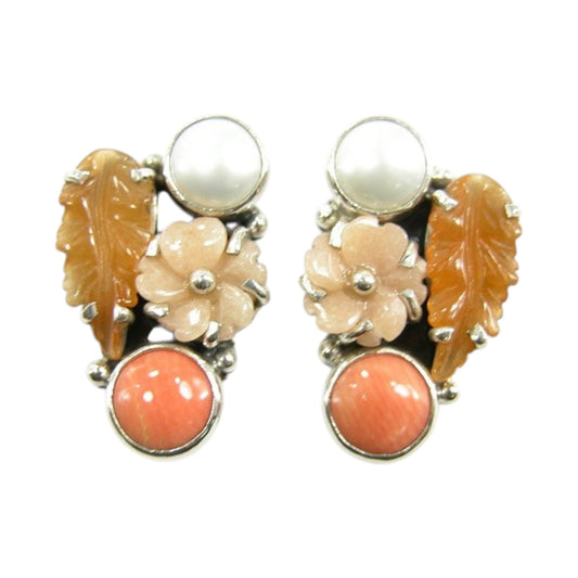 20643 Aventurine Leaf Pearl Sterling Silver Cluster Earrings