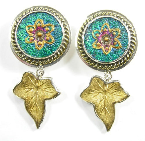 20658 Vintage Glass Button Leaf Sterling Silver Earring